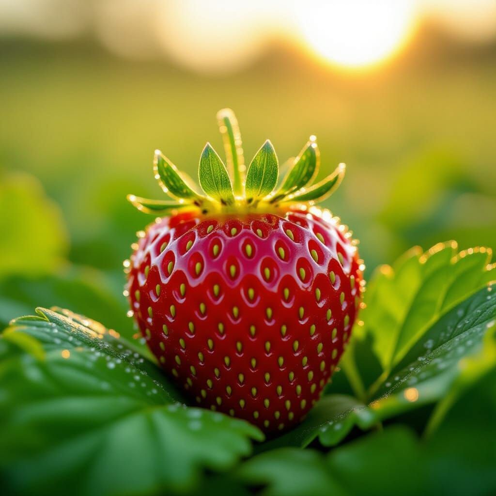 Photorealistic Strawberry Close-Up with Morning Dew