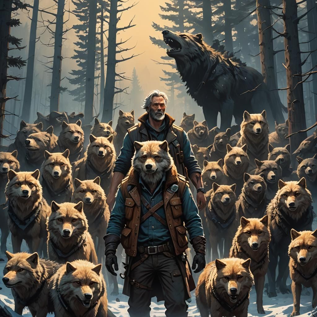 Mystical Haruspex Surrounded by Wolves: Fantasy Art