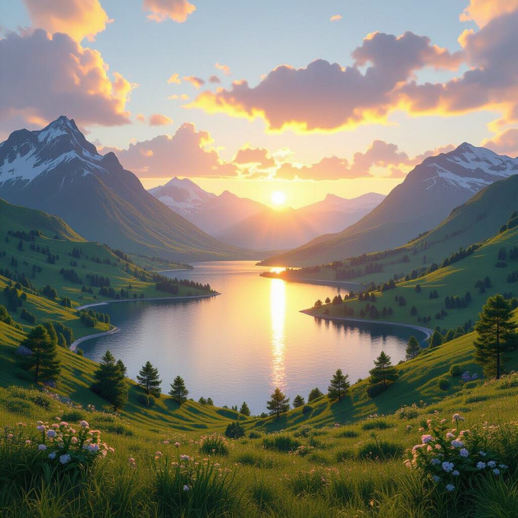 Majestic Sunrise Over Verdant Landscape