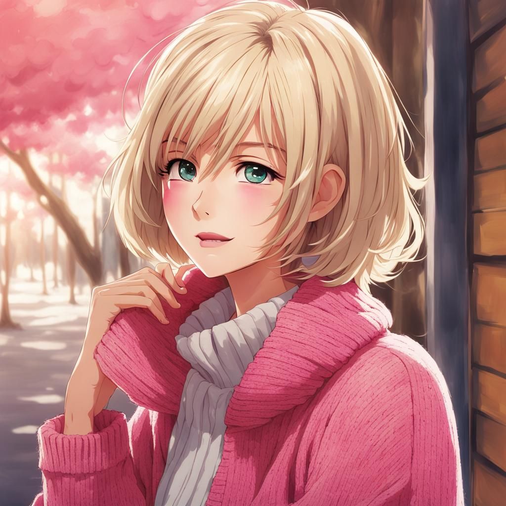 Blonde Woman in Pink Sweater: Manga Anime Style