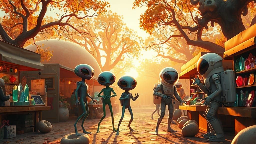 Joyful Martian Market in a Surreal Style