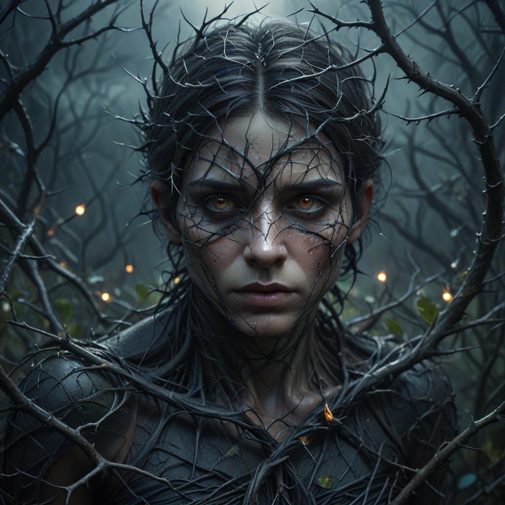 Eerie Portrait: Person Entangled in Thorny Vines