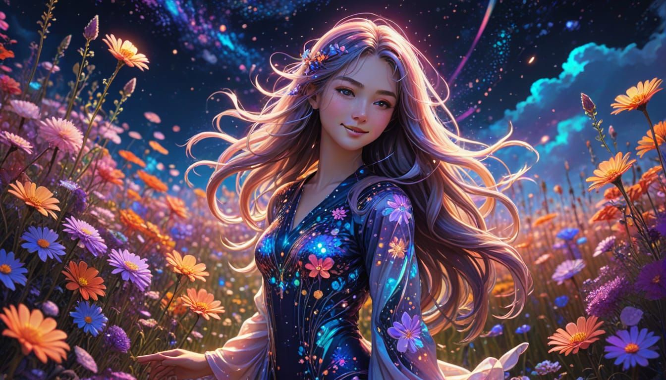 Anime Girl in Pastel Flower Field