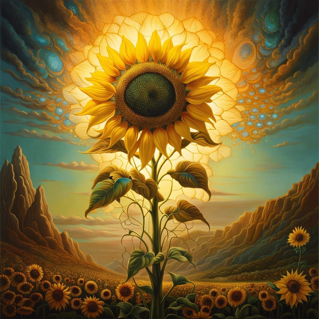 Glowing Sunflower in Surrealist Landscape