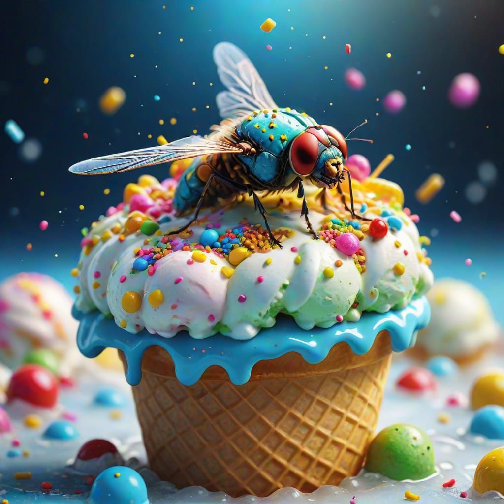 Fly on Ice Cream in Macro Photography Style