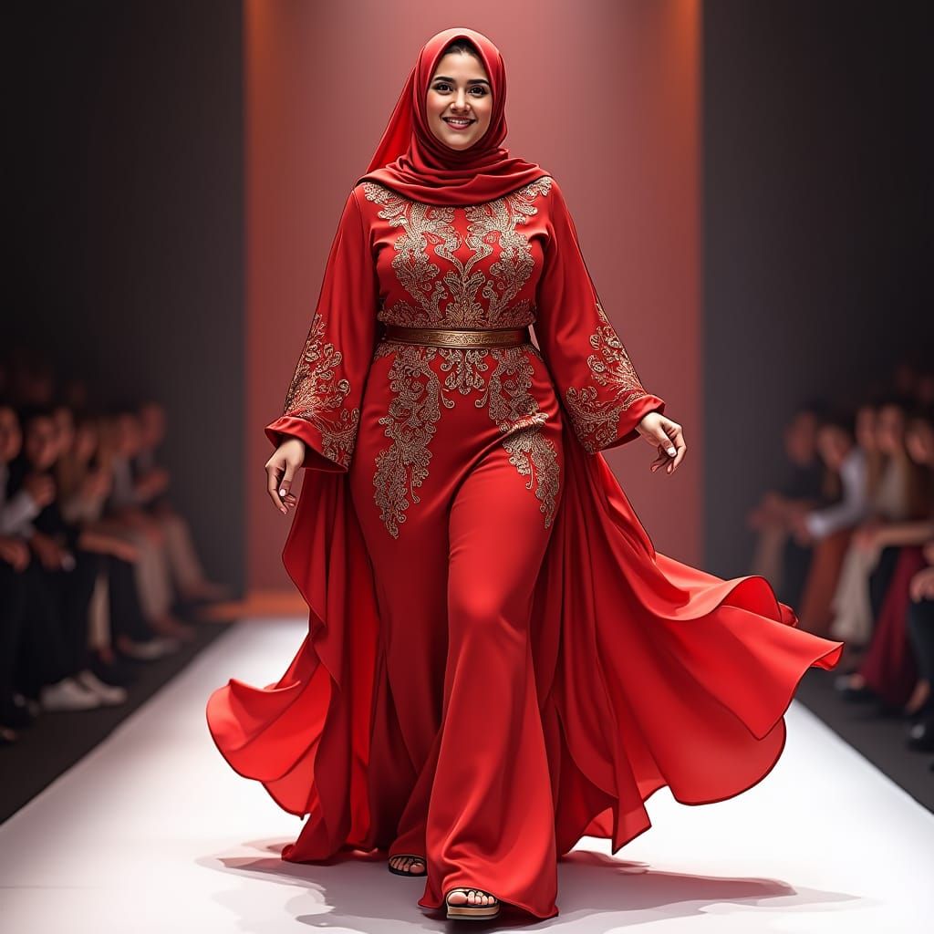 Plus-Size Arabic Woman in Red Silk Hijab on Catwalk