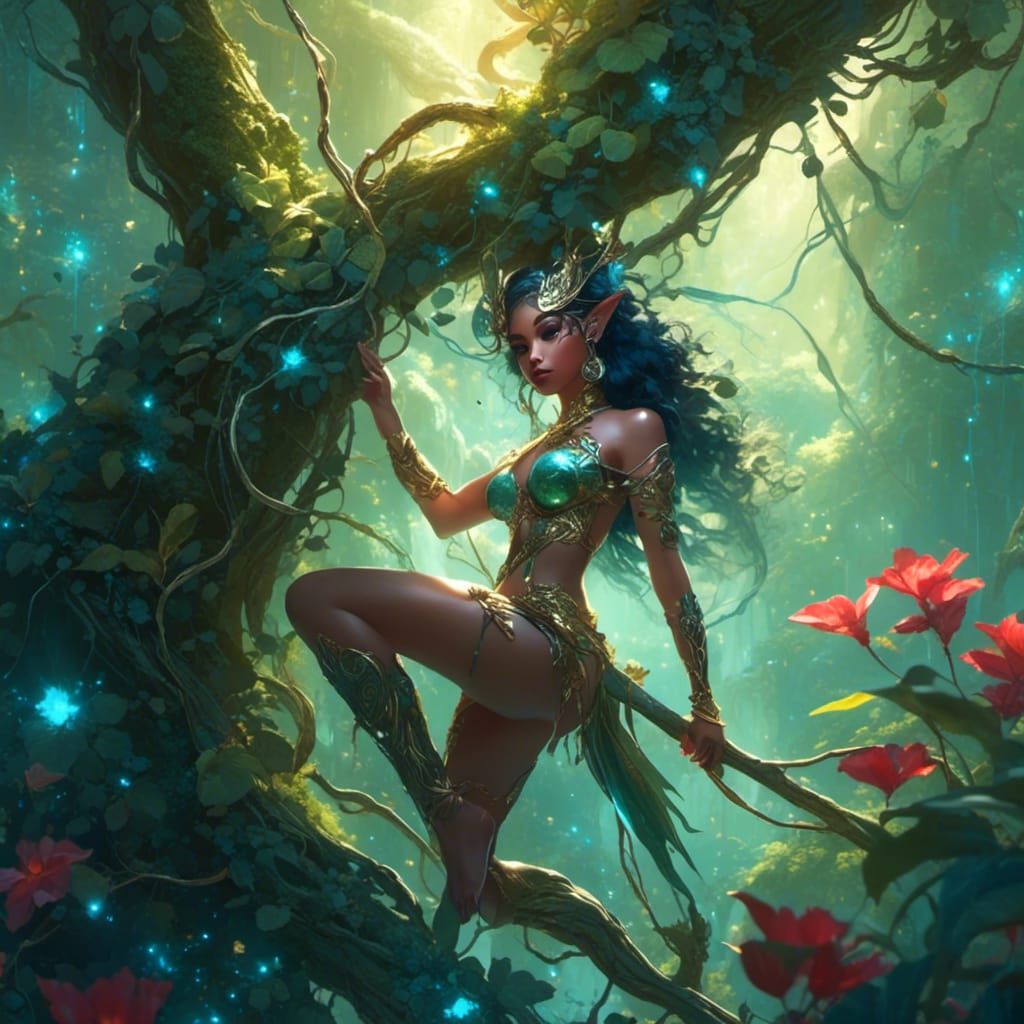 Exotic Elf Dancer in Jungle Vine Pole Dance