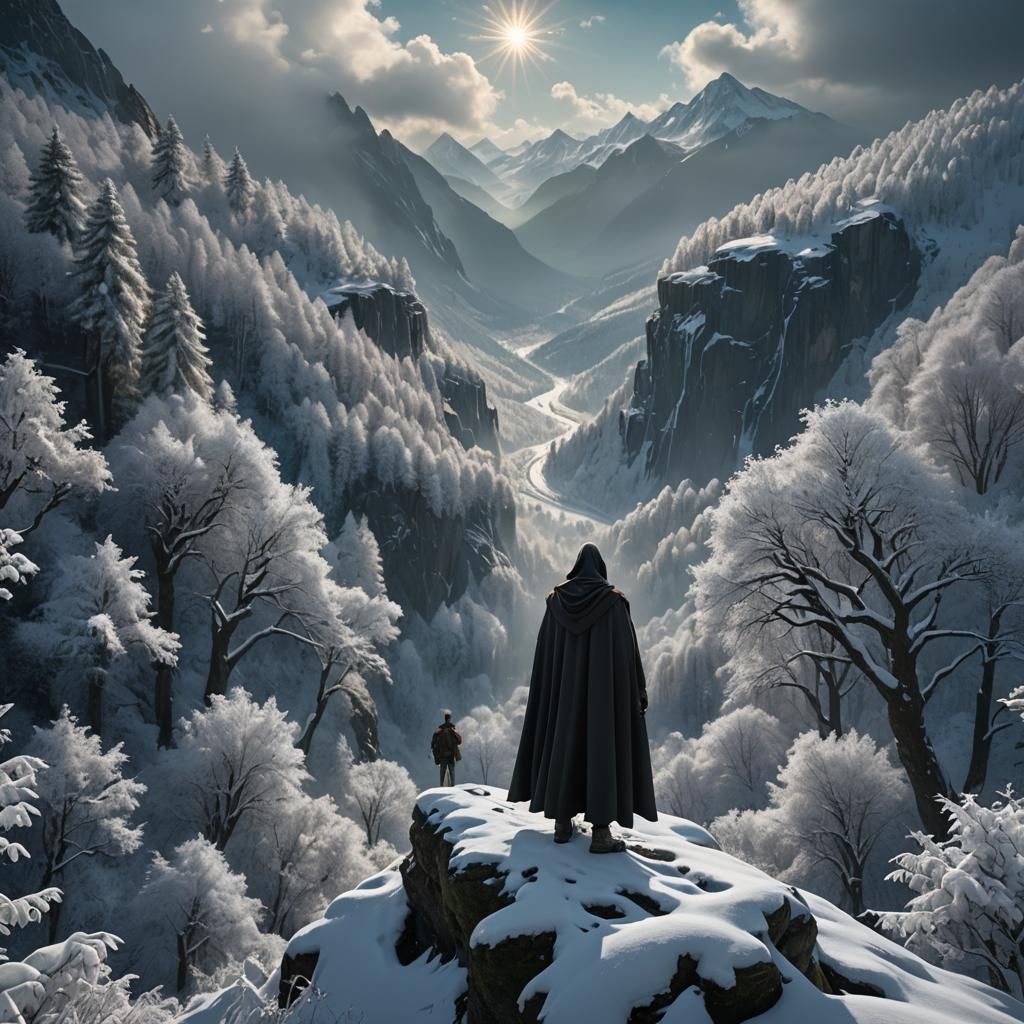 Magical Cloaked Figure Overlooking Lush Landscape