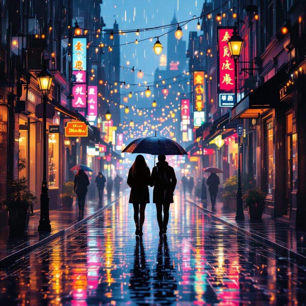 Rainy City Evening: Shared Umbrella Under Amber Streetlights