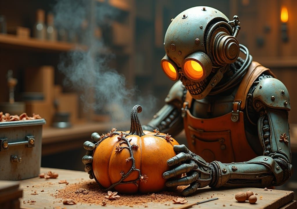 Steampunk Cyborg Carving Pumpkin Sculpture
