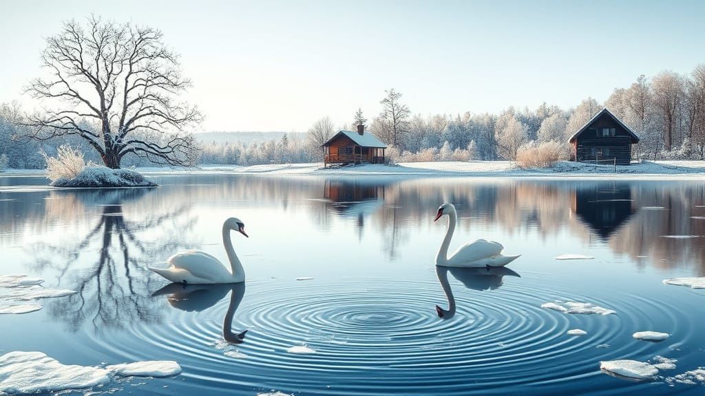 Serene Winter Scene with Ice Flowers and Reflections