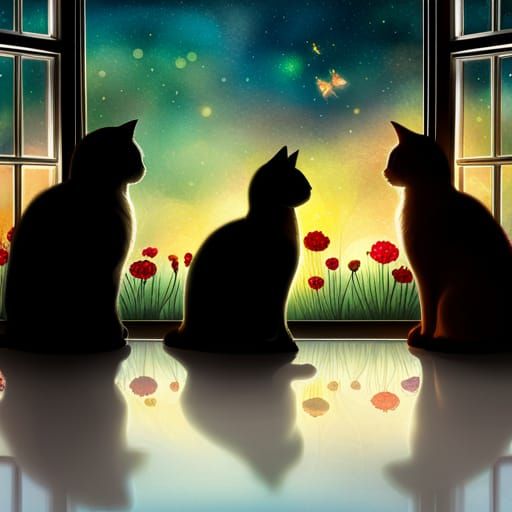 Cats Silhouetted in Garden Window at Dusk