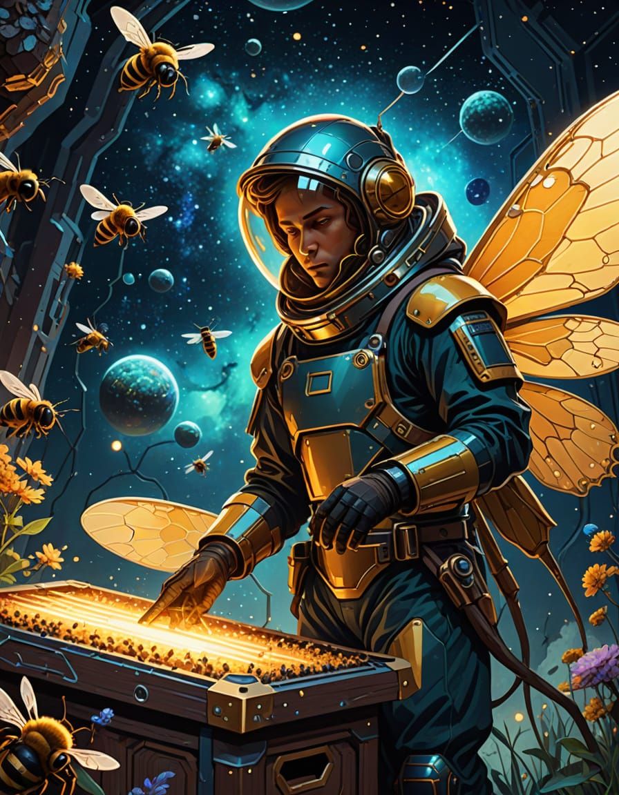Celestial Beekeeper Harvesting Starlight Honey