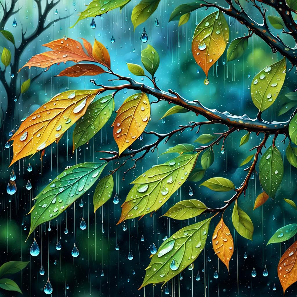 Raindrops on Tree Branch in Detailed Fantasy Art