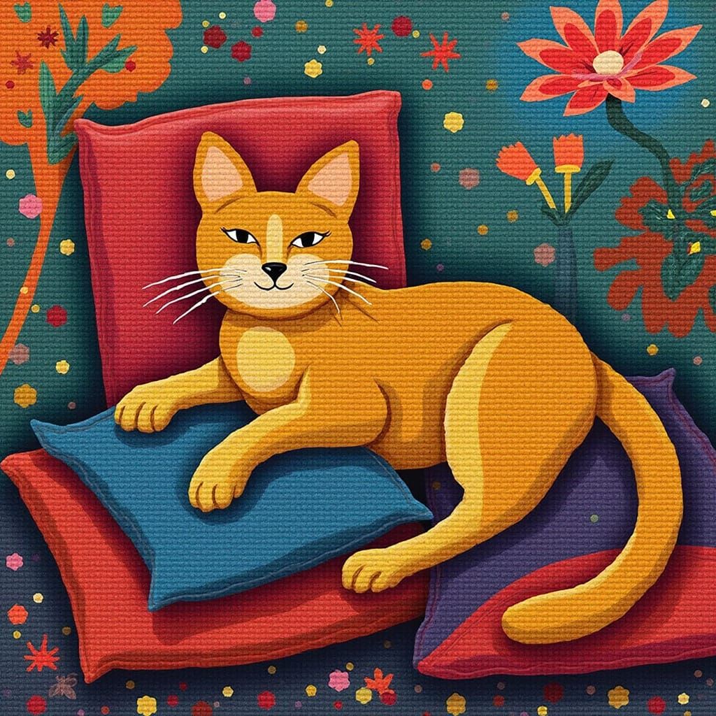 Cat Lounging on Pillows in Folk Art Style