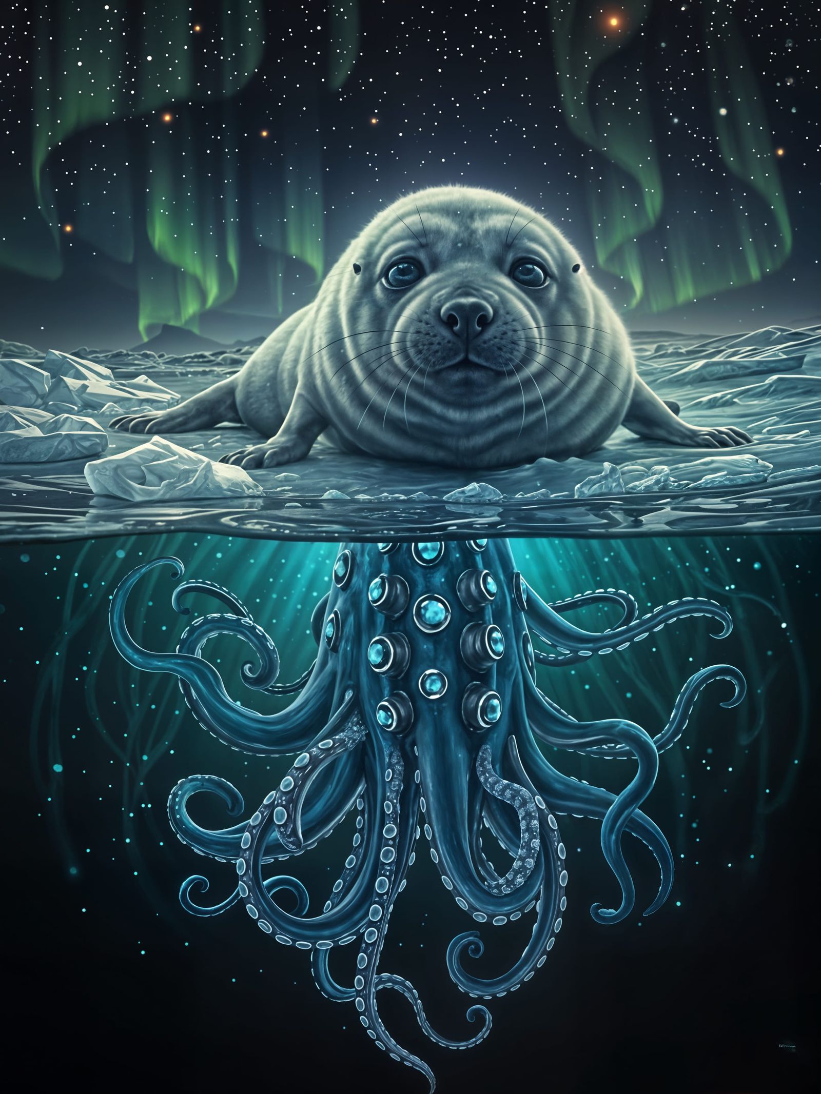 Harp Seal Pup Under Vivid Aurora with Kraken