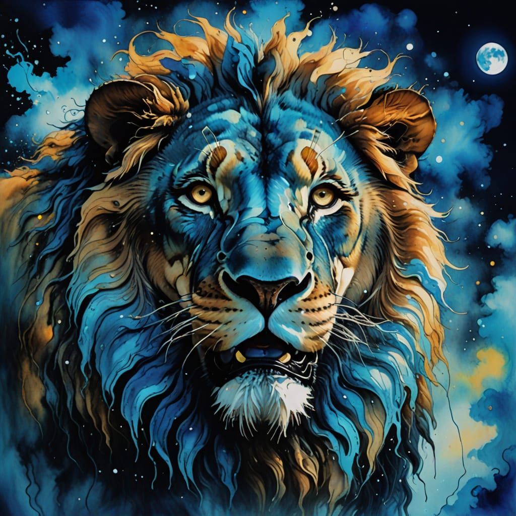 Surreal Lion in Vibrant Blue Moonlight: Alcohol Ink Style