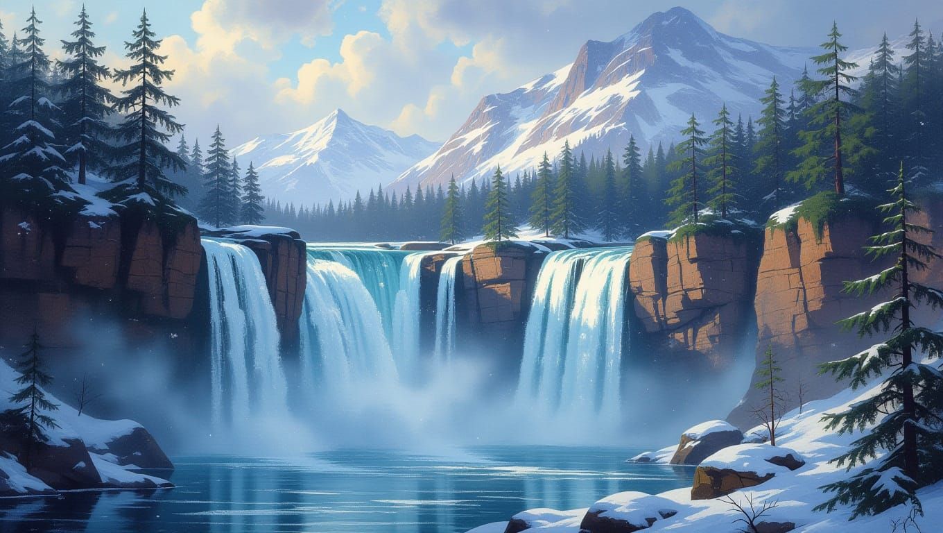 Winter Wonderland Waterfall in Soft Brushstrokes