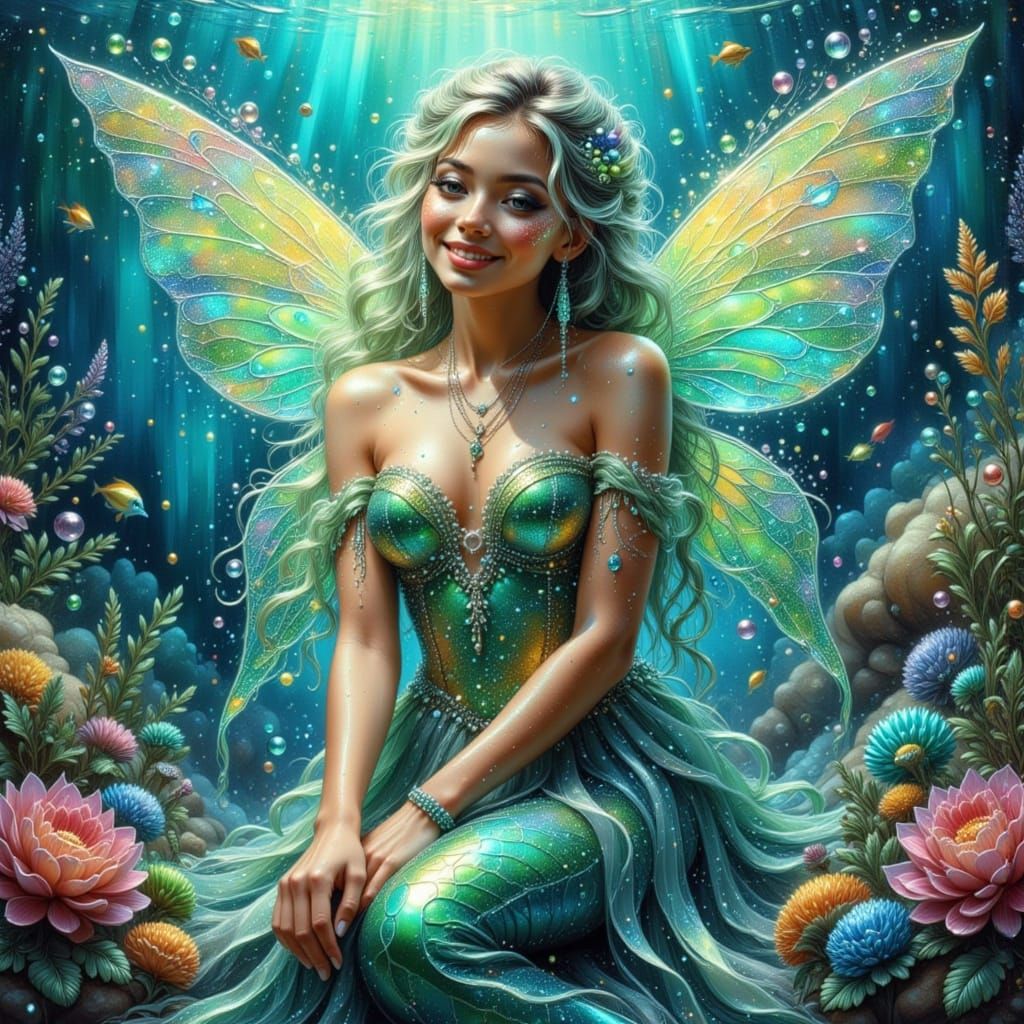 Mermaid Fairy with Iridescent Wings in Bioluminescent Waters