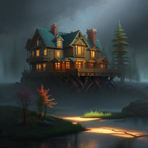 Dreamy Cottage Scene in Whimsical Surrealism