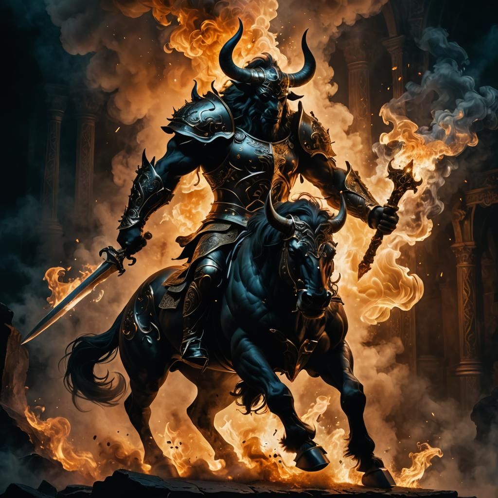 Epic Minotaur Knight in Smoke Painting Style