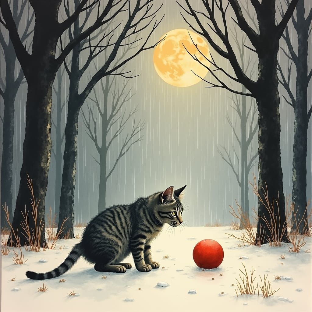 Grey Tabby Kitten Stalking Ball in Watercolour Landscape