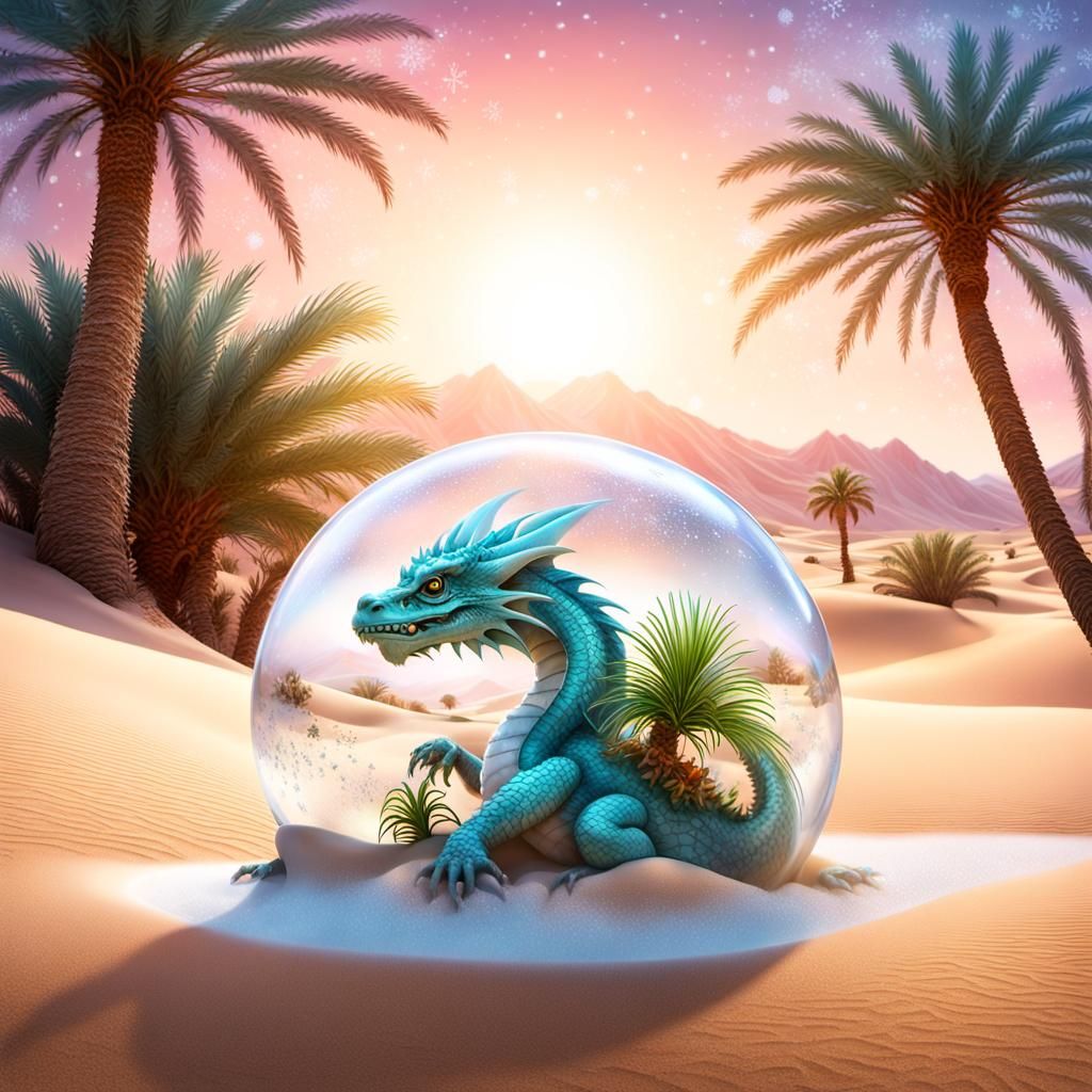 Baby Dragon in Desert Oasis with Floating Orb