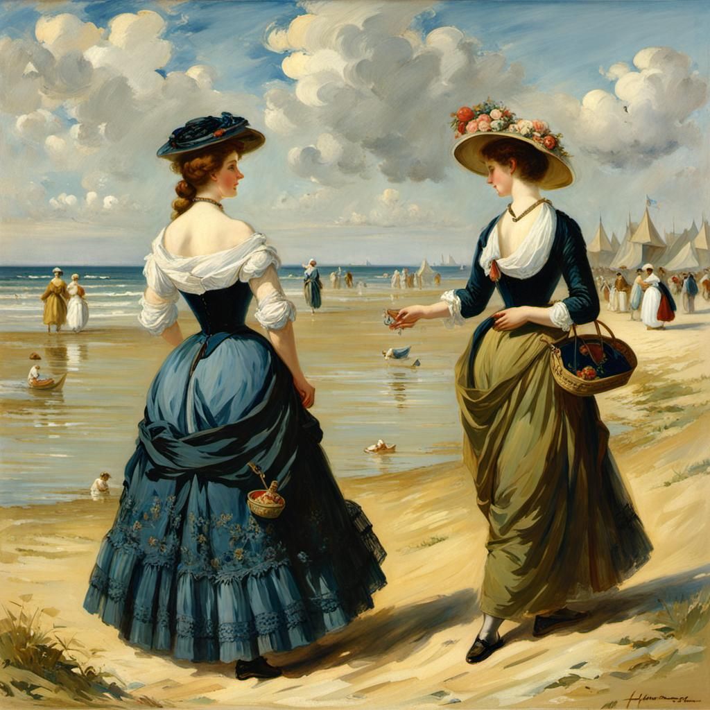 Normandy Beach Scene in Impressionist Style