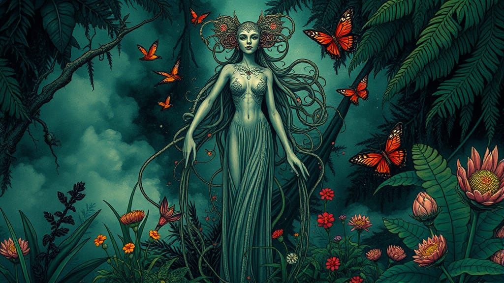 Whimsical Oasis Goddess in Mysterious Atmosphere