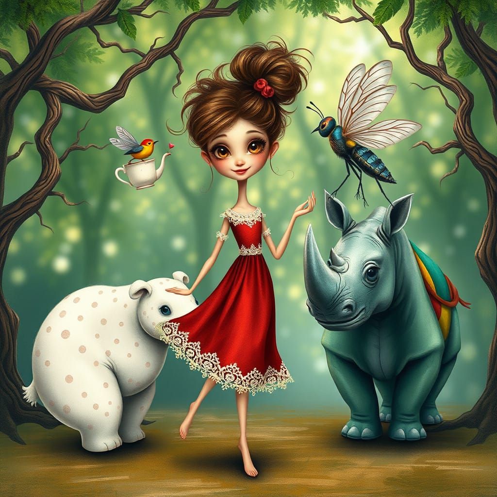 Whimsical Girl in Scarlet Dress with Mosaic Animals and Inse...