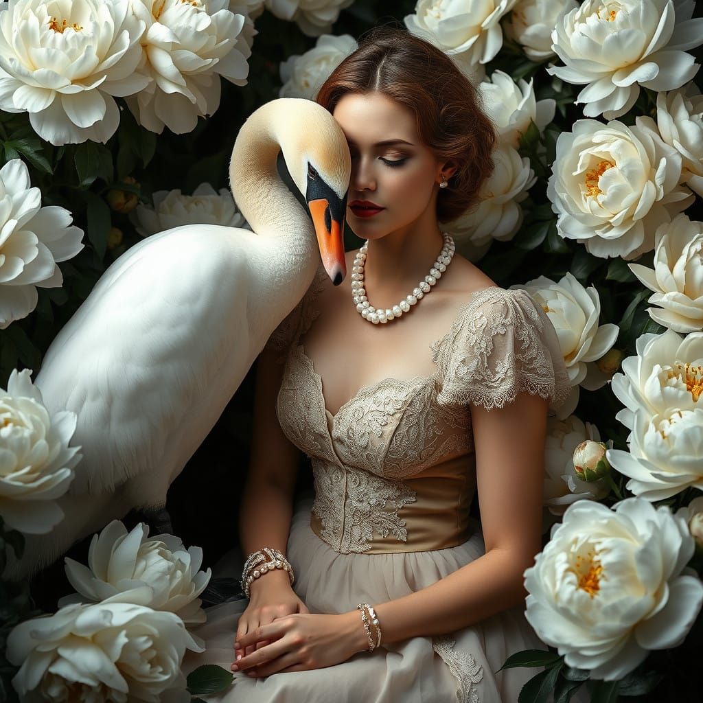 Elegant Woman in White Peony Garden with Majestic Swan