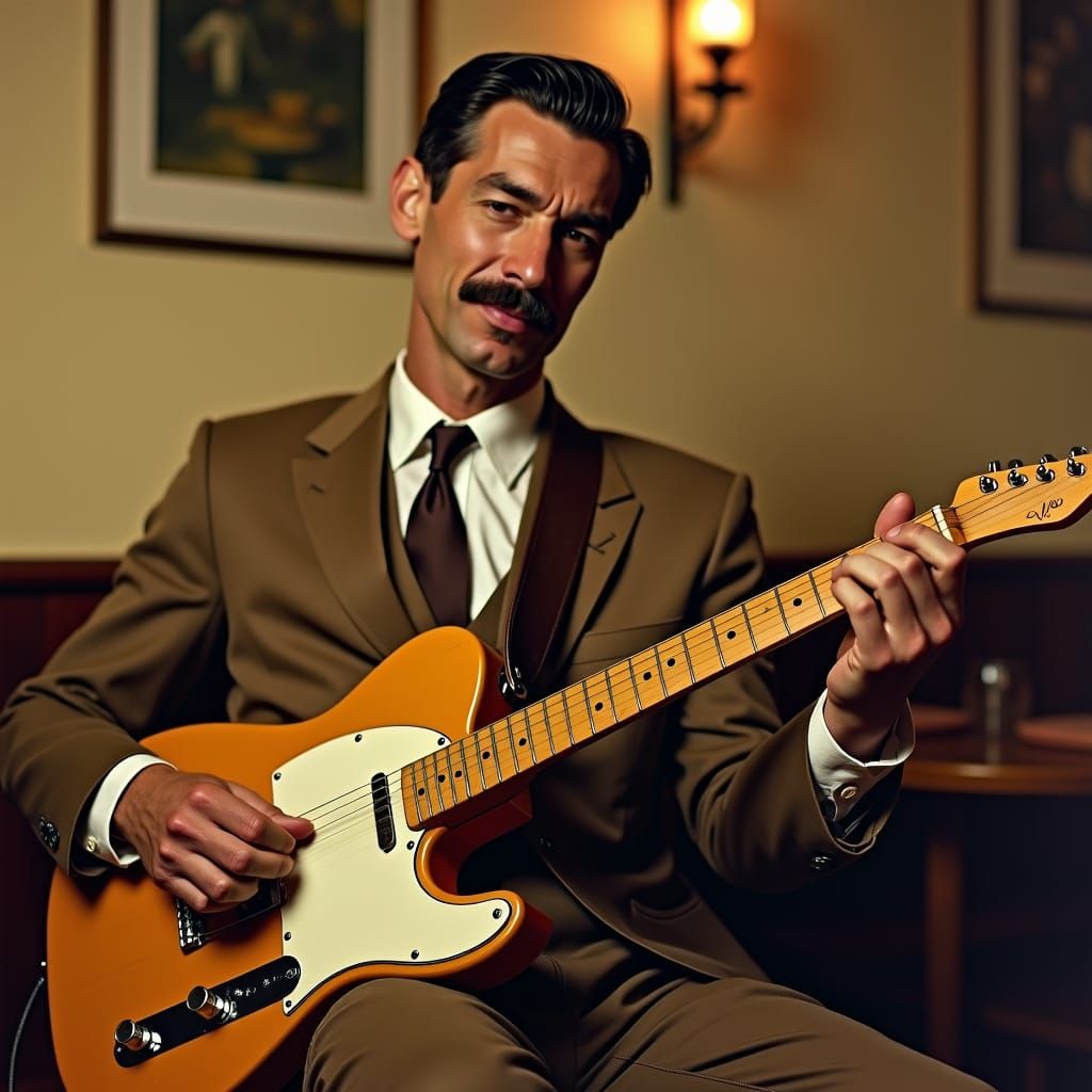 Italian Man Playing Telecaster in Nostalgic Cafe
