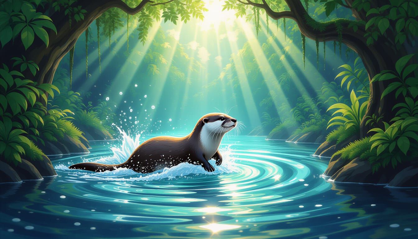 Joyful Otter Diving Through Shimmering Forest Portal