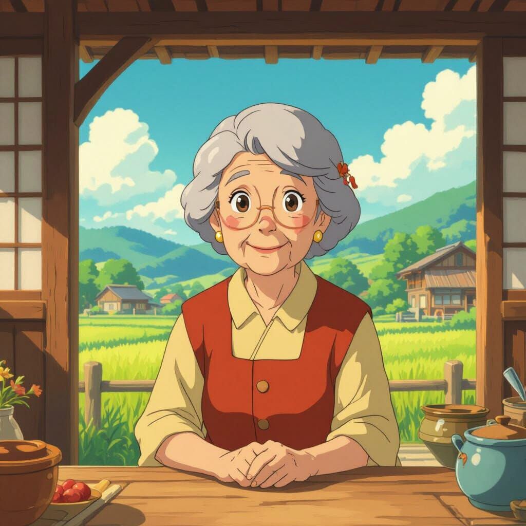 Charming Grandmother Portrait in Ghibli Style