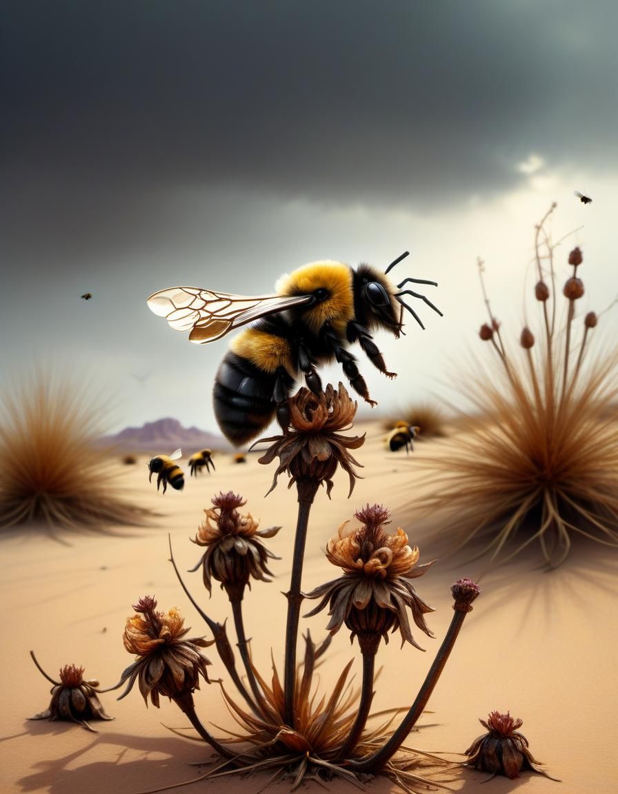 Dead Bee in Desert Field: Arthur Rackham Style