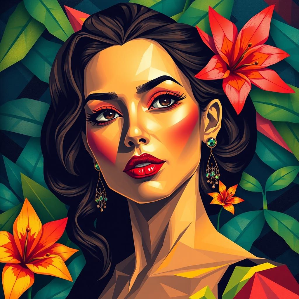 Woman in Vibrant Cubist Jungle Scene
