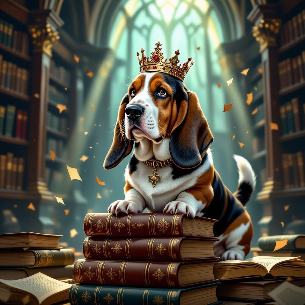 Basset Hound King on Books in Gothic Library