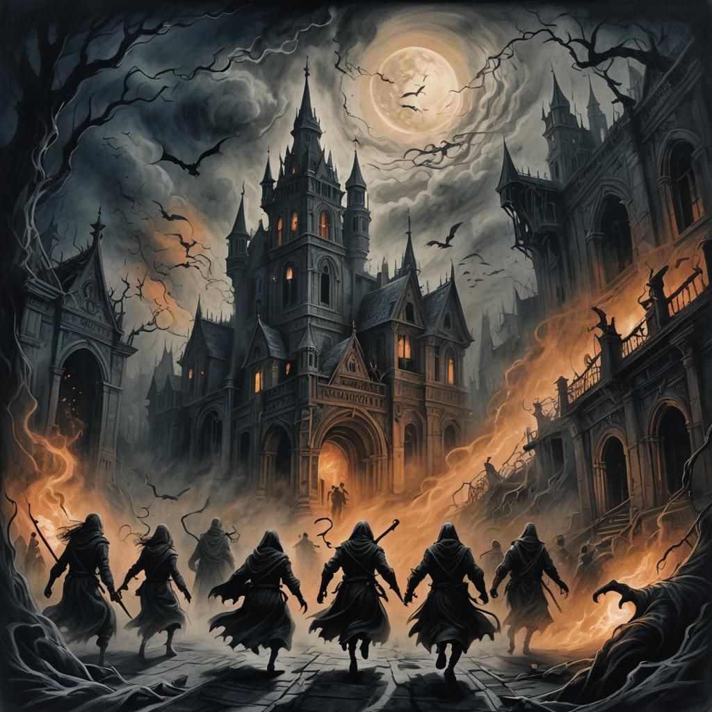 Frightened People Fleeing in Dark Fantasy Charcoal Drawing