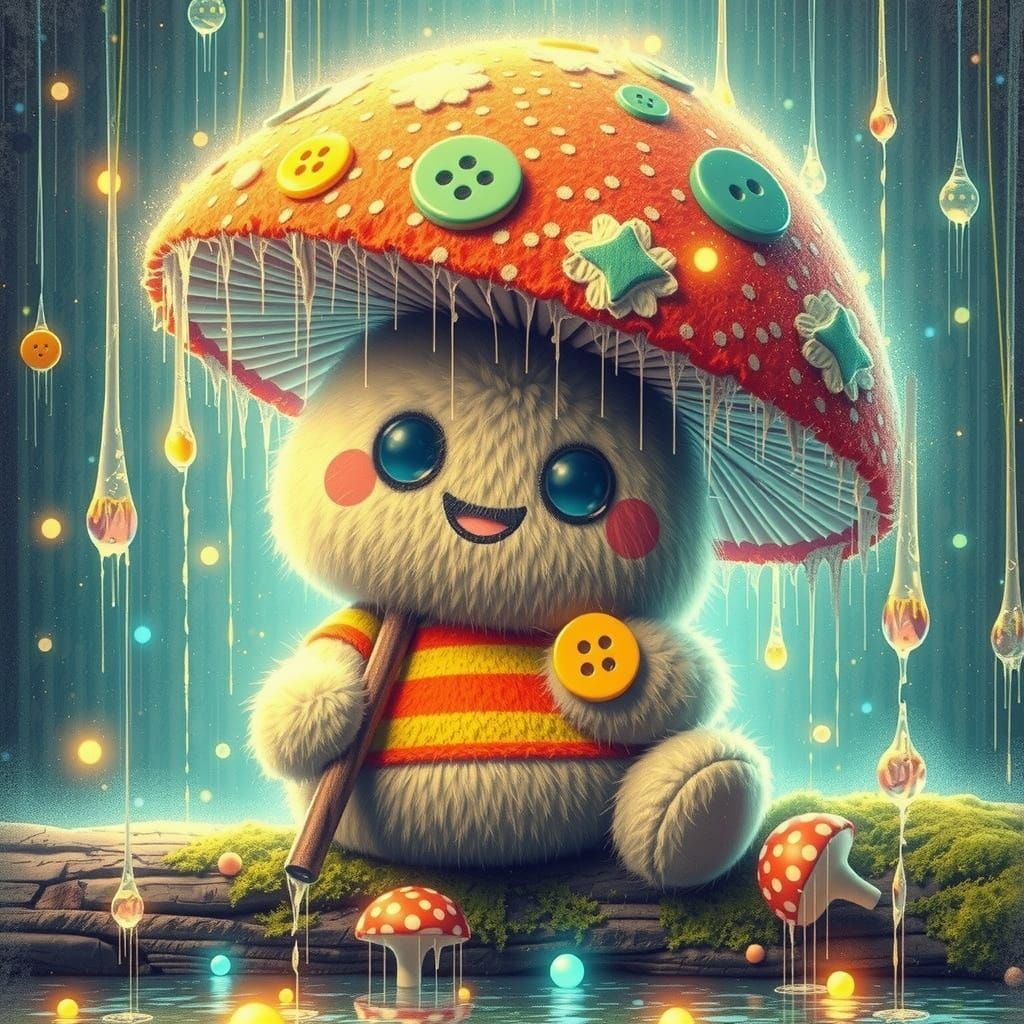 Mushroom Plush Toy with Polka-Dot Umbrella in Acid Rain Scen...