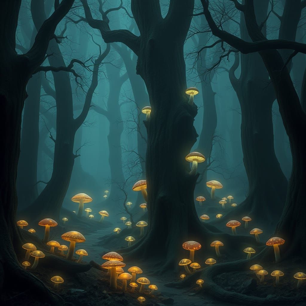 Enchanted Foggy Forest with Glowing Mushrooms