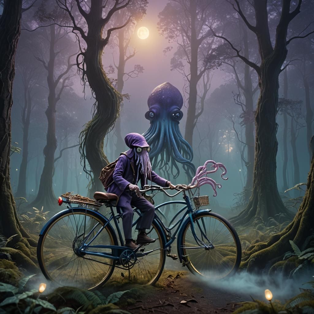 Squid Rides Bicycle in Misty Forest, Fantasy Art