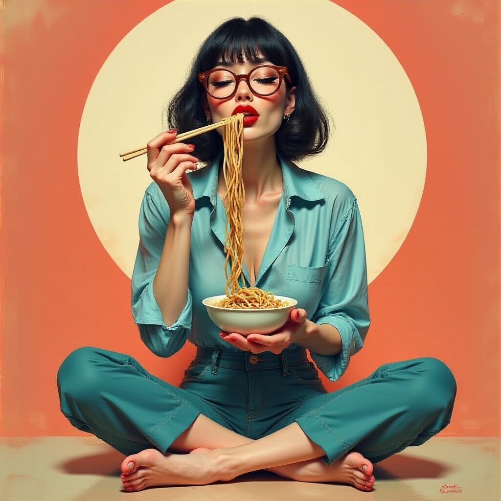 Japanese Woman Indulges in Noodles in Chic Fashion Style