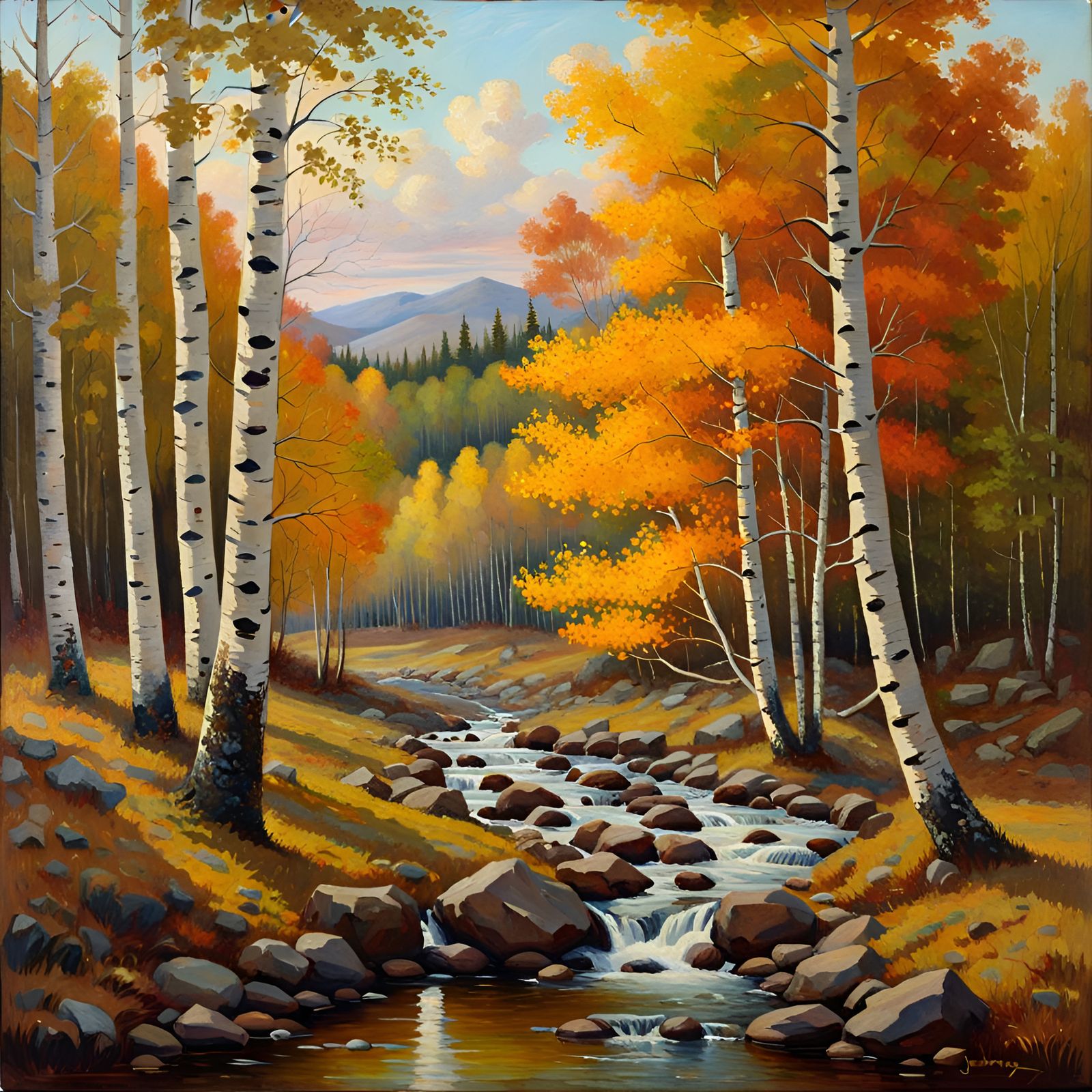Autumn Birch Forest Stream: Oil Painting