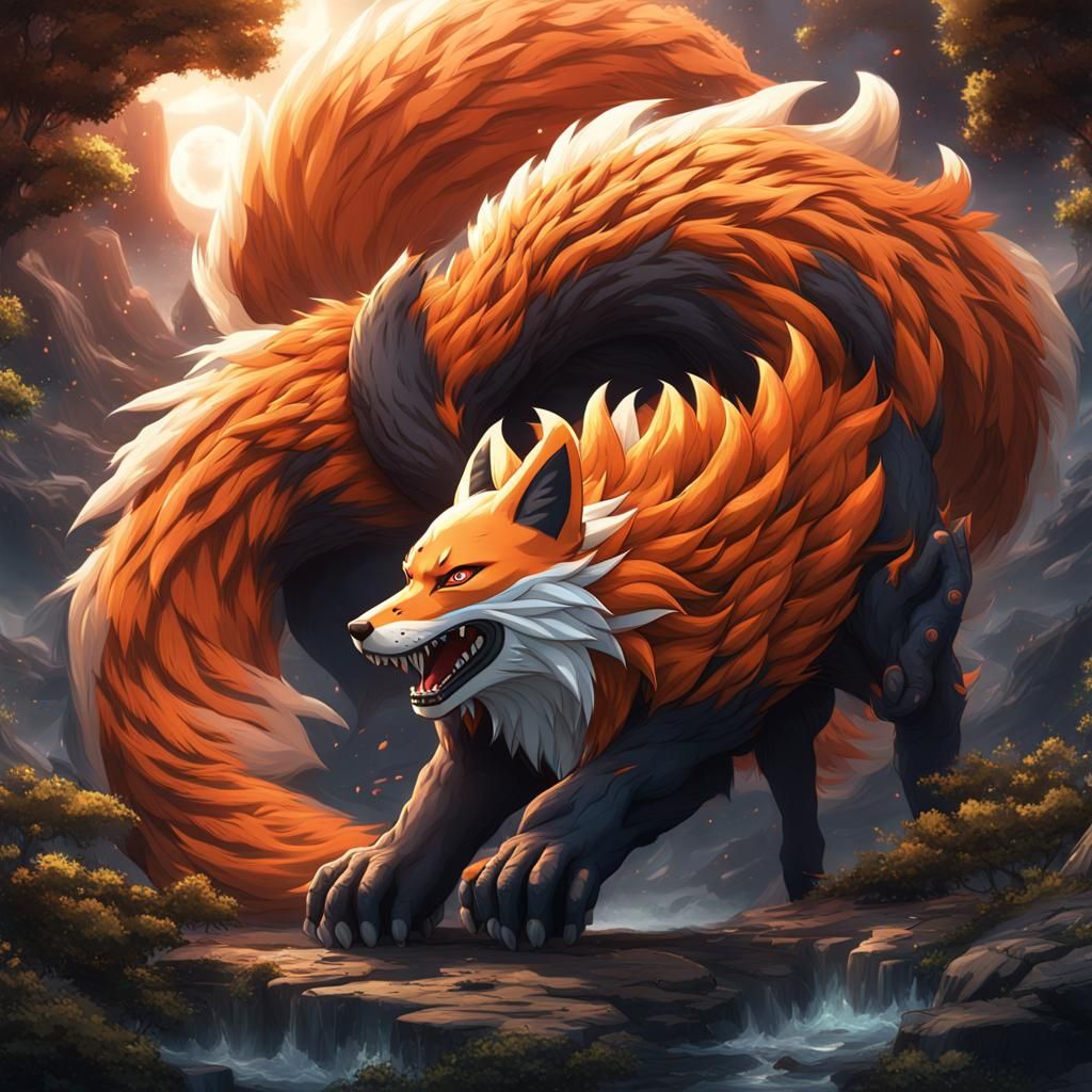 Detailed Matte Painting of Naruto's Nine-Tailed Fox