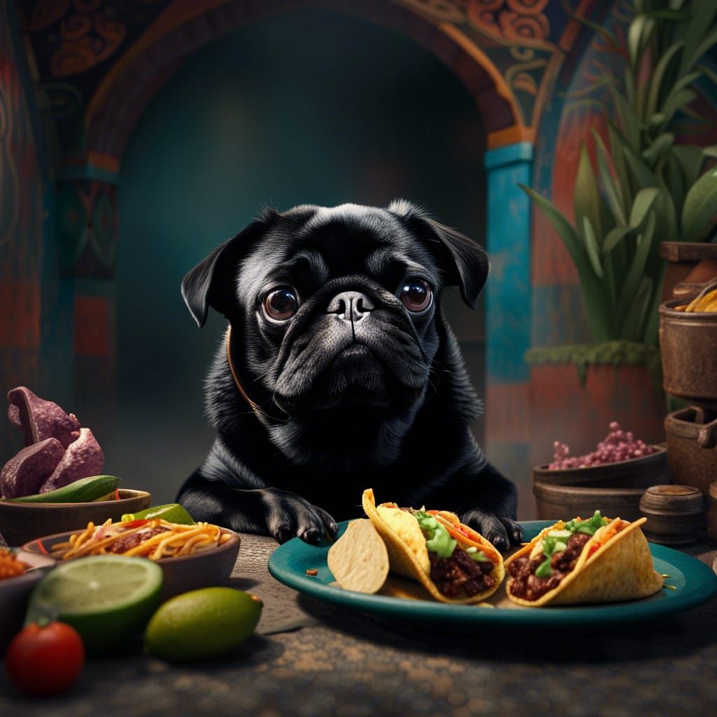 Black Pug Enjoys Taco in Mexico: Digital Painting