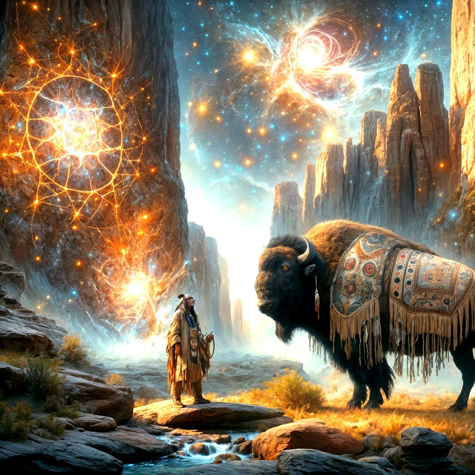 Native American Warrior and Buffalo in Dreamlike Landscape