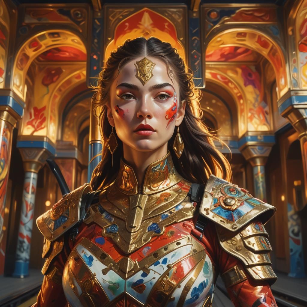 Female Warrior Leaps From Train in Surrealist Oil Painting