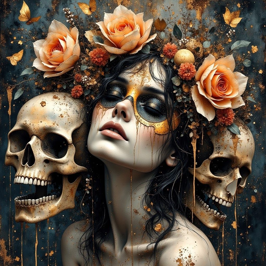 Dreamy Girl with Skeleton Mask in Glitch Art Style