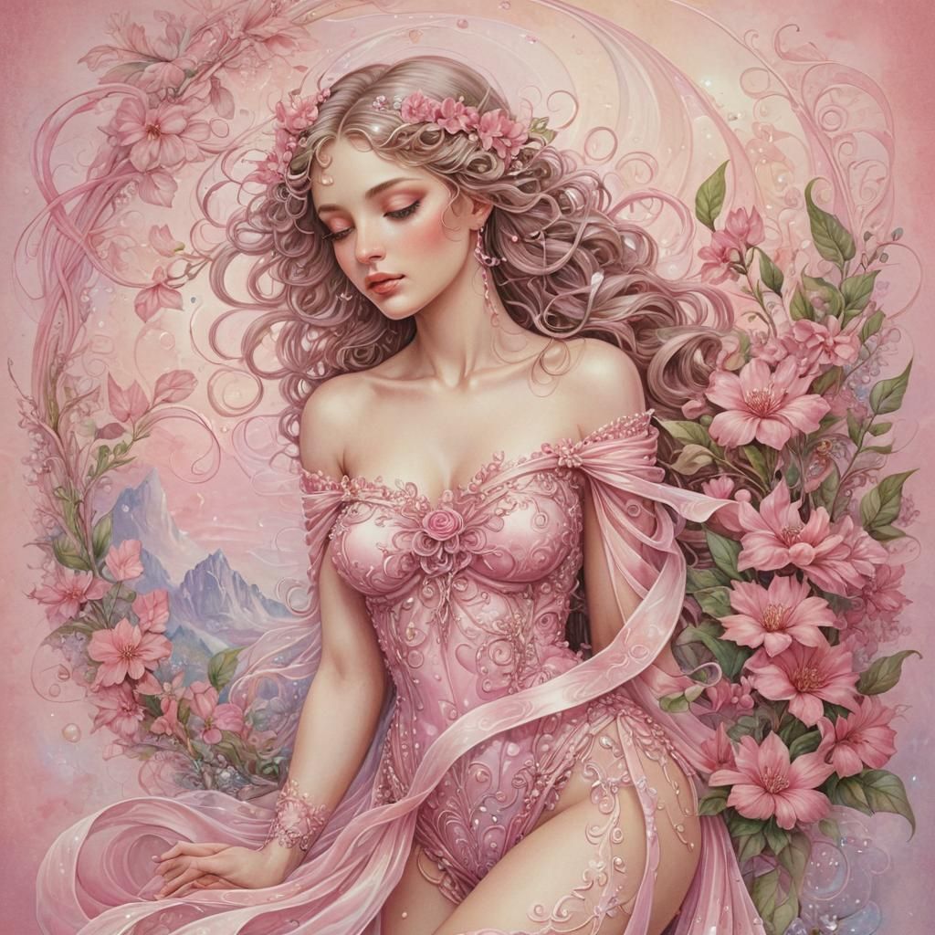 A pink breast cancer ribbon with flowing pink swirls intertwined with various pink flowers and leaves.