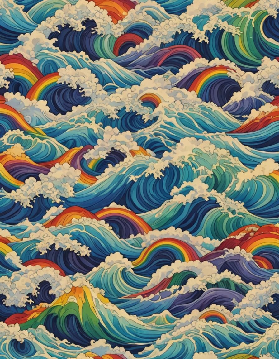 Rainbow Prismatic Tsunami in Hawaiian Folk Art Style